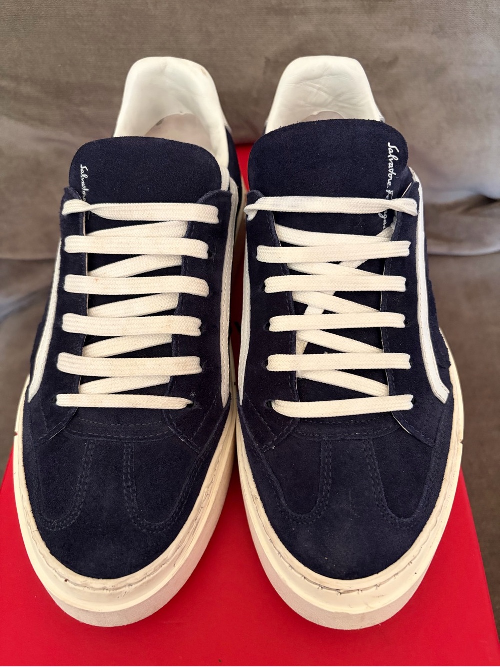 Salvatore Ferragamo Navy Suede Low-Top Sneakers with White Laces